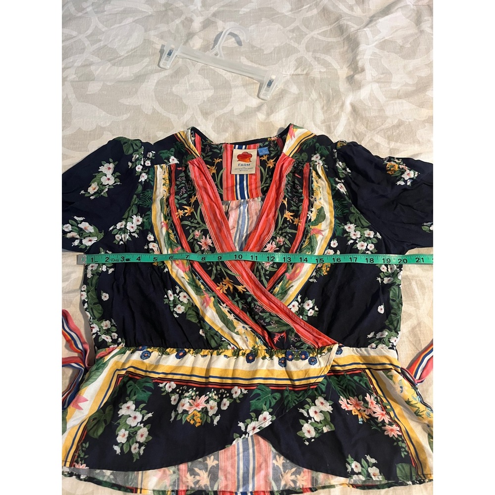 Farm Rio for Anthropologie Tropical Floral Striped Wrap Blouse Navy XL - Picture 5 of 15